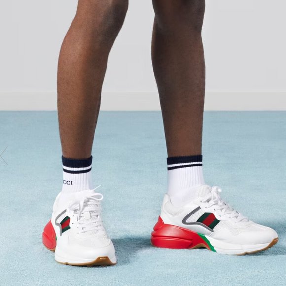 GUCCI SNEAKERS RHYTON WHITE LEATHER FABRIC with WEB CHUNKY SHOES sz 9 9.5 - Picture 2 of 15